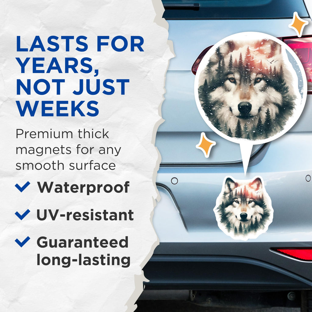 (2 Pack) Wolf Magnets - Forest Animal Decor - Nature Art Refrigerator Magnets - 5" On Longest Side - Premium Magnet - for Cars, Refrigerators, Toolboxes, Lockers - Made in USA - MAG14403
