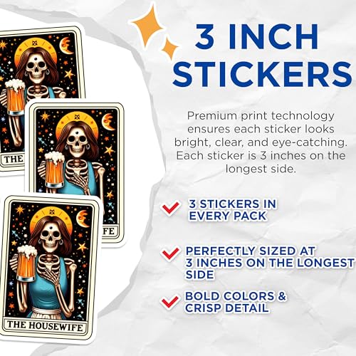 (3 Pack) The Housewife Decals - Skeleton with Beer - Tarot Card Laptop Decal - 3 Inches On Longest Side - Easy Peel & Apply - Made in USA - 3MCS4207