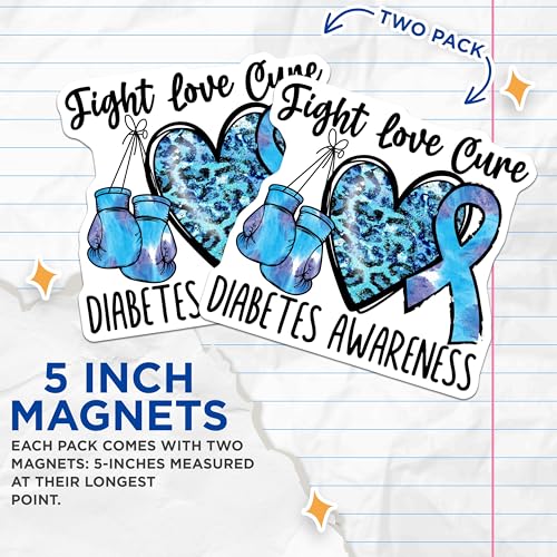 (2 Pack) Fight Love Cure Magnets - Diabetes Awareness - Blue Ribbon Inspirational Magnet - Boxing Gloves Design - 5" On Longest Side - for Cars, Fridges, Toolboxes - Made in USA - MAG4285