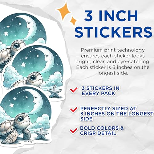 (3 Pack) Baby Turtle Decals - Moon Starfish - Ocean Sea Animal Laptop Decal - 3 Inches On Longest Side - Easy Peel & Apply - Made in USA - 3MCS0099