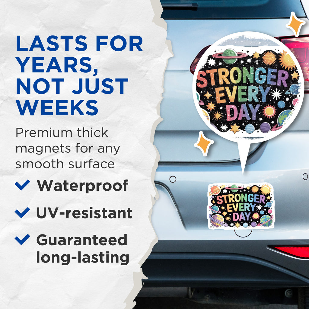 (2 Pack) Stronger Every Day Magnets - Inspirational Quote Decor - Space Theme Fridge Magnet - Positive Affirmation - 5 Inches On Longest Side - Thick Durable Magnet - Made in USA - MAG39586
