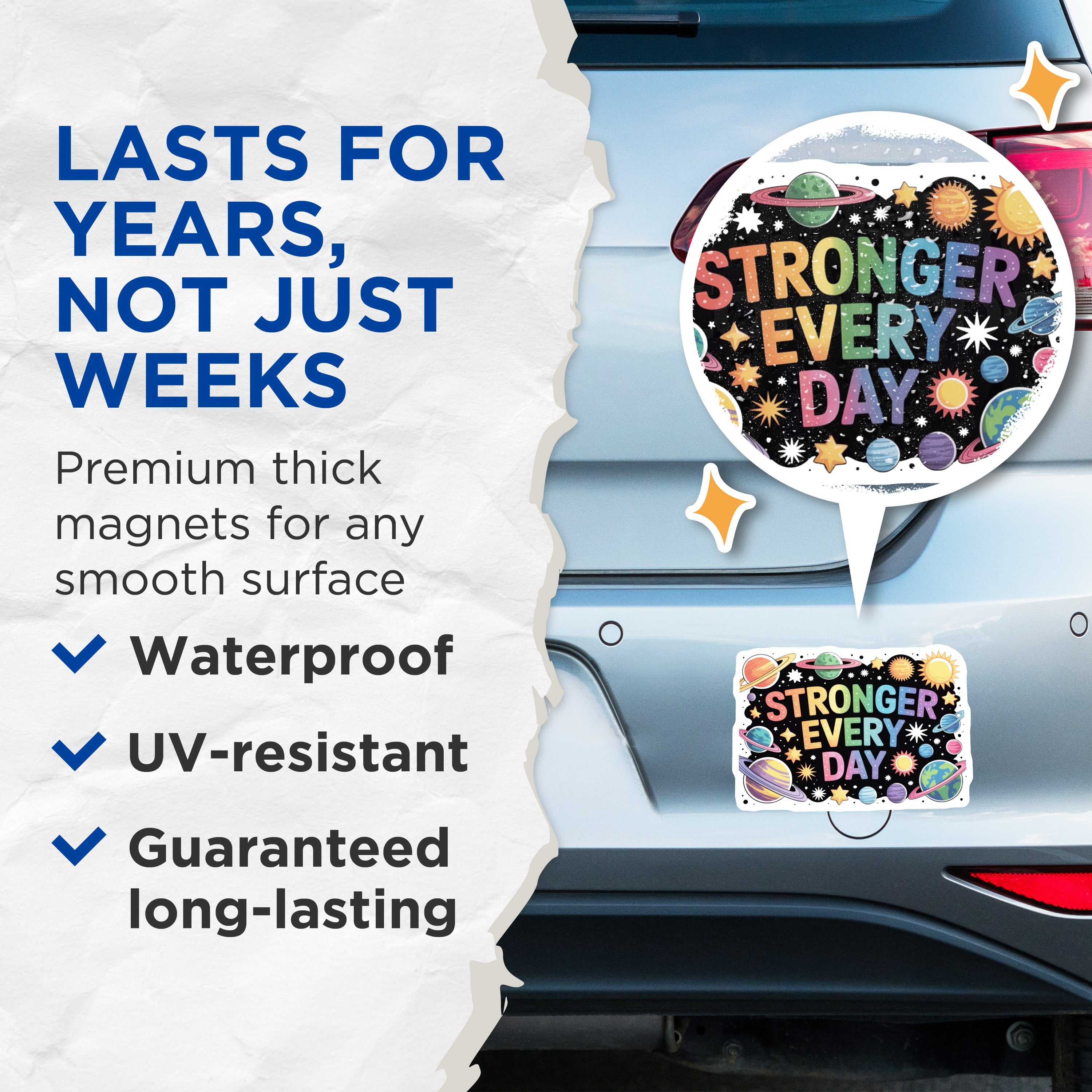 (2 Pack) Stronger Every Day Magnets - Inspirational Quote Decor - Space Theme Fridge Magnet - Positive Affirmation - 5 Inches On Longest Side - Thick Durable Magnet - Made in USA - MAG39586