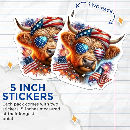 (2 Pack) Highland Cow Patriotic Stickers - American Flag Sunglasses - Fourth of July Celebration Decal - 5" On Longest Side - Sticks to Smooth Flat Surfaces - Made in USA - BMCS6360