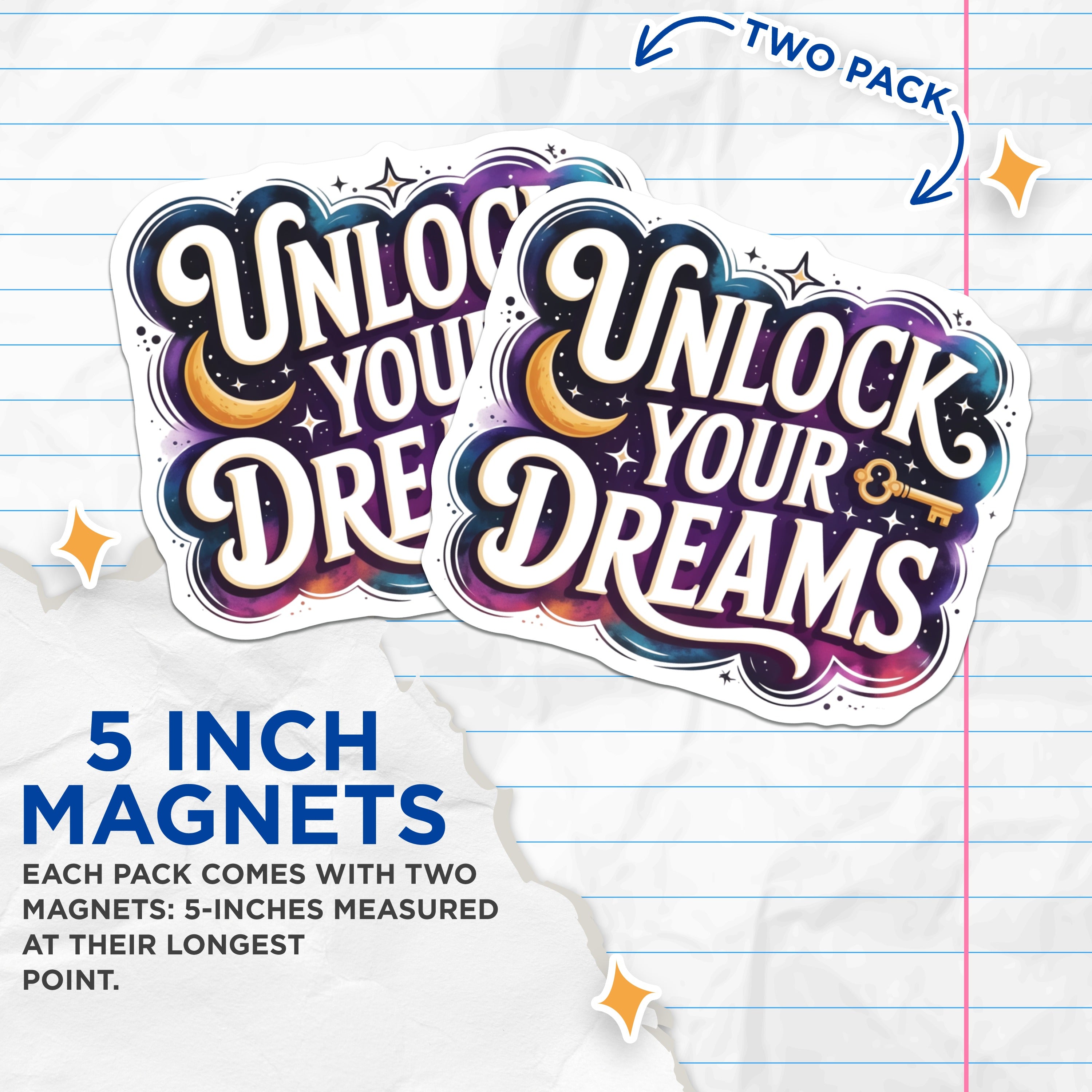 (2 Pack) Unlock Your Dreams Magnets - Inspirational Quote - Celestial Aesthetic - Manifestation Decor - 5 Inches On Longest Side - Thick Durable Magnet - Made in USA - MAG37502