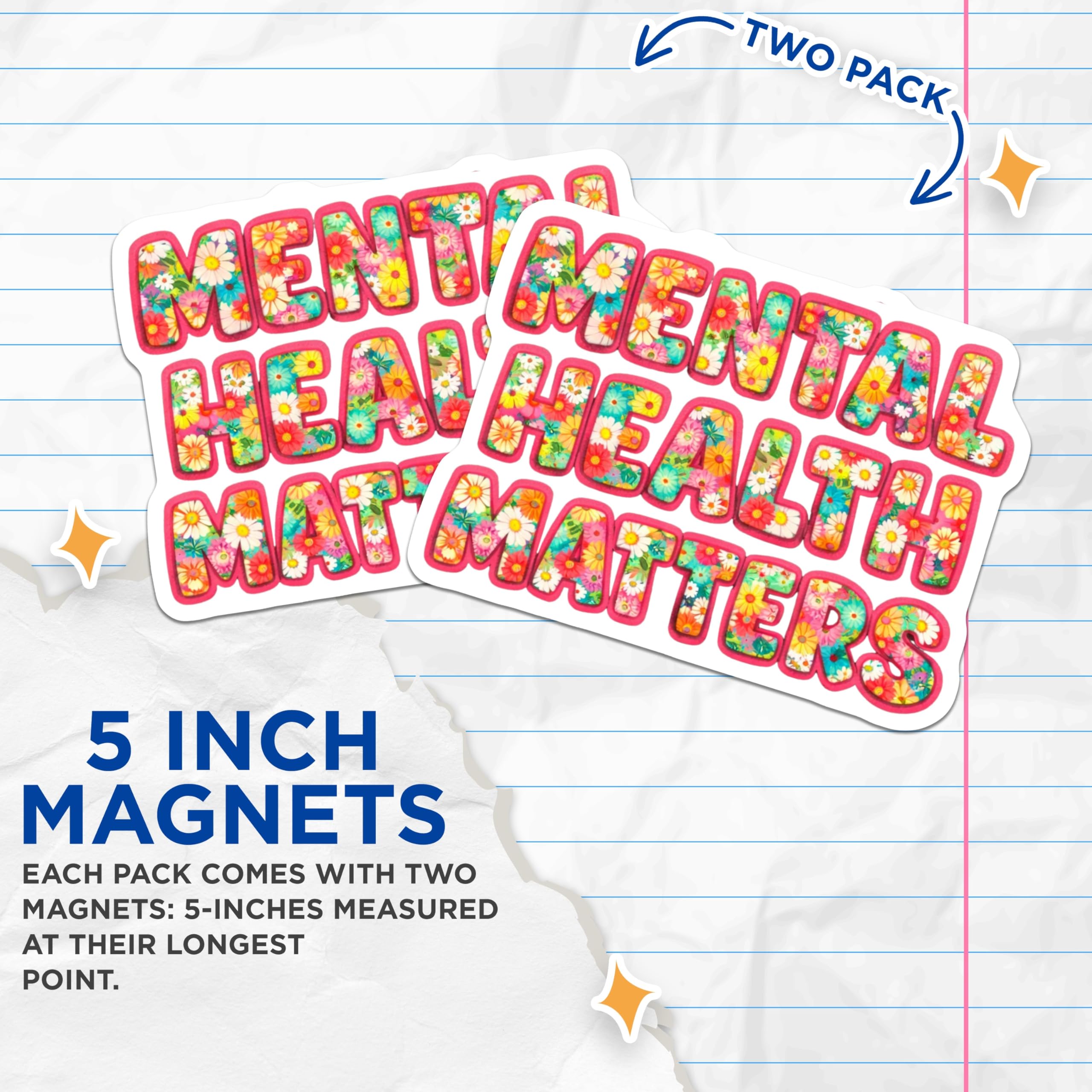 (2 Pack) Mental Health Matters Magnets - Floral Wellness Support - Inspirational Self Care Positivity Decor - 5 Inches On Longest Side - Thick Durable Magnet - Made in USA - MAG19543