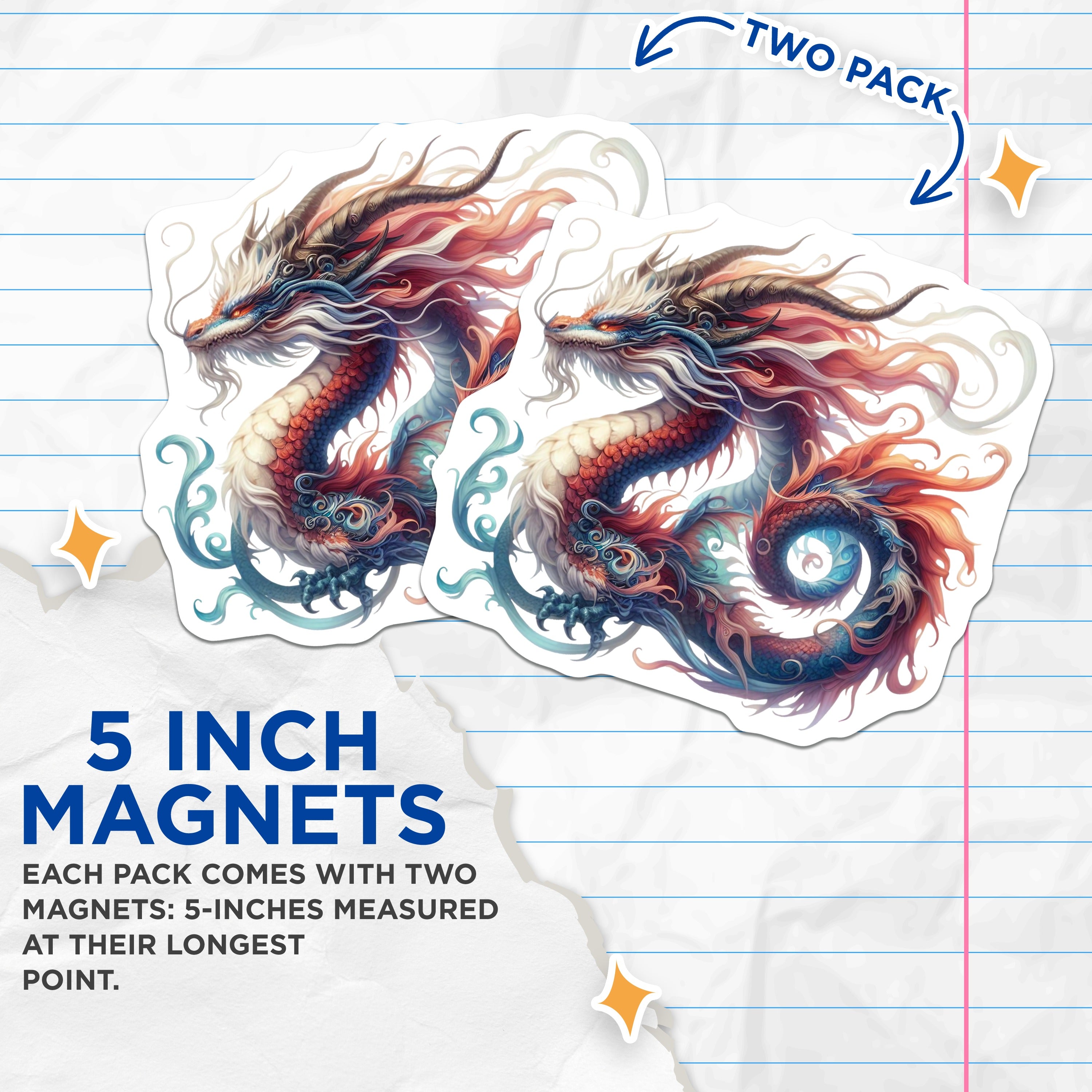 (2 Pack) Mythical Dragon Magnets - Asian Style Art - Legendary Creature Decor - Vibrant Fantasy Illustration - 5 Inches On Longest Side - Thick Durable Magnet - Made in USA - MAG39428