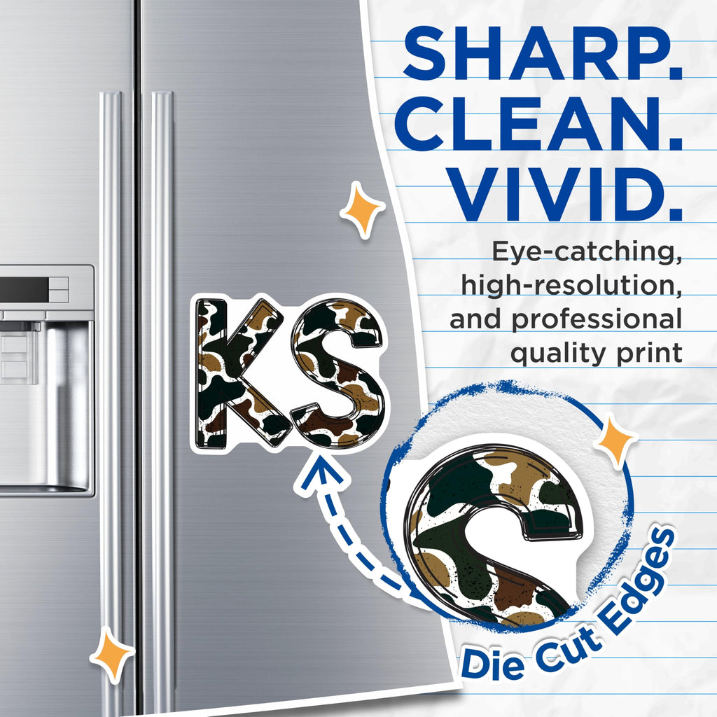 (2 Pack) Camouflage KS Initials Magnets - Military Style Refrigerator Decor - Personalized KS Letter Magnet Pair - 5 Inches On Longest Side - Thick Durable Magnet - Made in USA - MAG22735