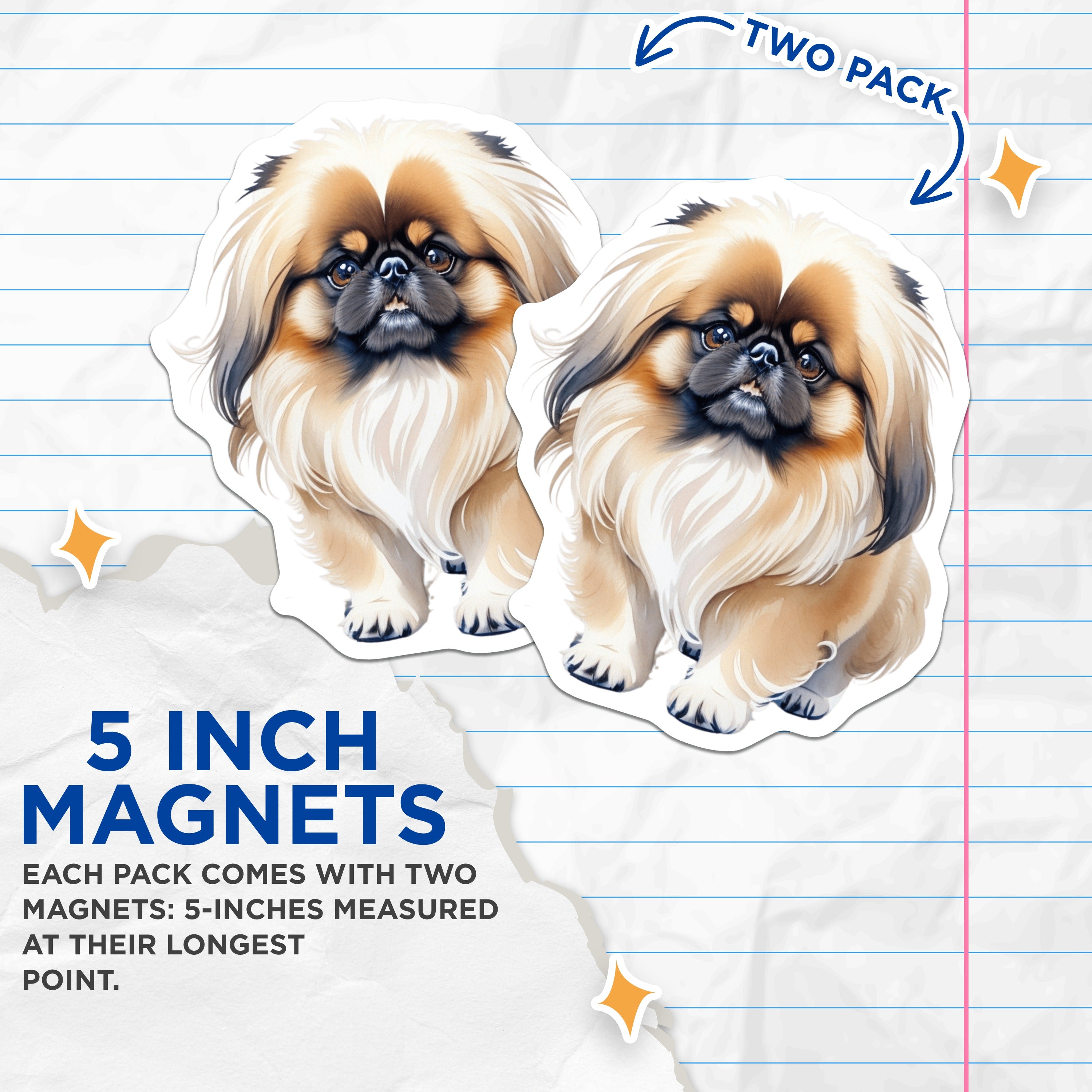 (2 Pack) Pekingese Dog Magnets - Fluffy Puppy Pet Lover - Cute Animal Art for Fridge - 5 Inches On Longest Side - Thick Durable Magnet - Made in USA - MAG37311