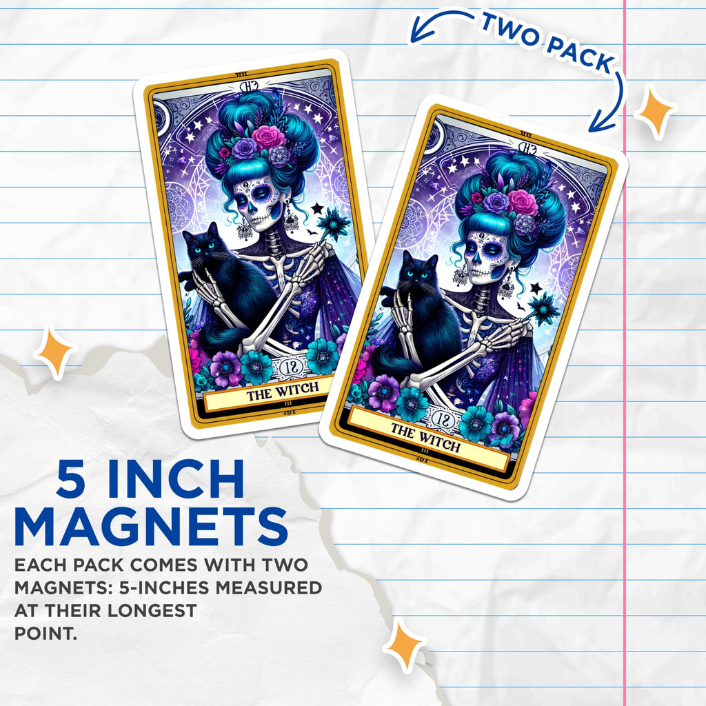 (2 Pack) Dia de Los Muertos Witch Magnets - Mystical Sugar Skull Cat - Tarot Art Witchy Refrigerator Decor - 5 Inches On Longest Side - Thick Durable Magnet - Made in USA - MAG20425