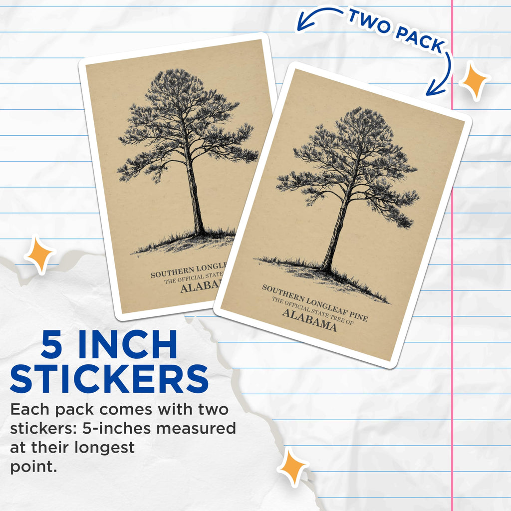 (2 Pack) Longleaf Pine Stickers - Alabama State Tree - Southern Tree Art - 5" On Longest Side - Sticks to Smooth Flat Surfaces - Made in USA - BMCS18810