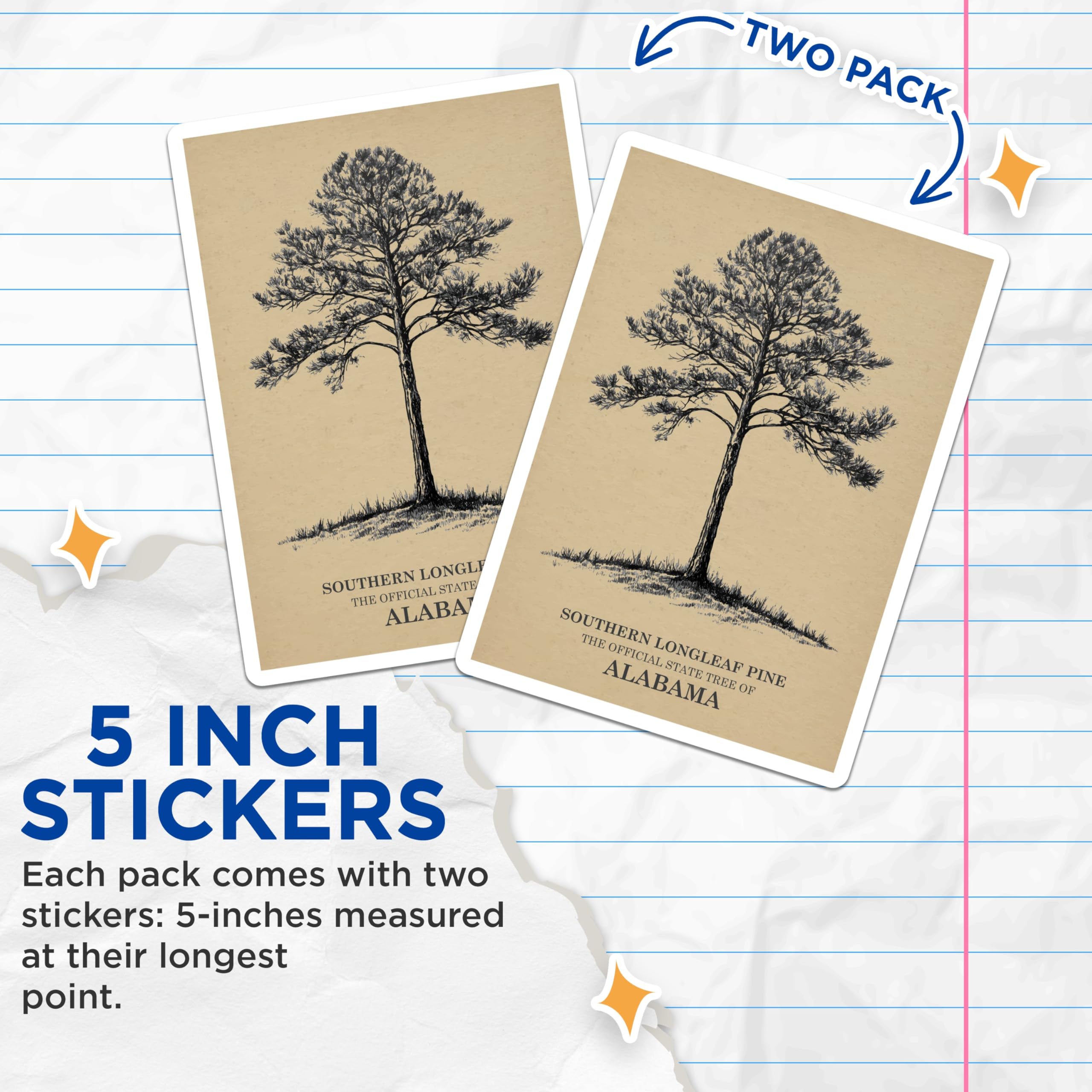 (2 Pack) Longleaf Pine Stickers - Alabama State Tree - Southern Tree Art - 5" On Longest Side - Sticks to Smooth Flat Surfaces - Made in USA - BMCS18810