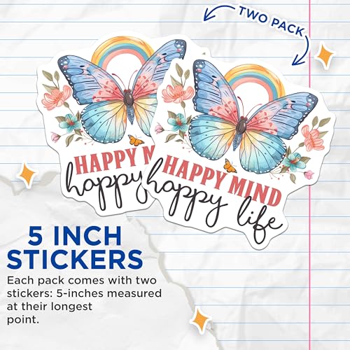 (2 Pack) Happy Mind Happy Life Stickers - Motivational Butterfly Stickers - Inspirational Floral Stickers - 5" On Longest Side - Sticks to Smooth Flat Surfaces - Made in USA - BMCS4329