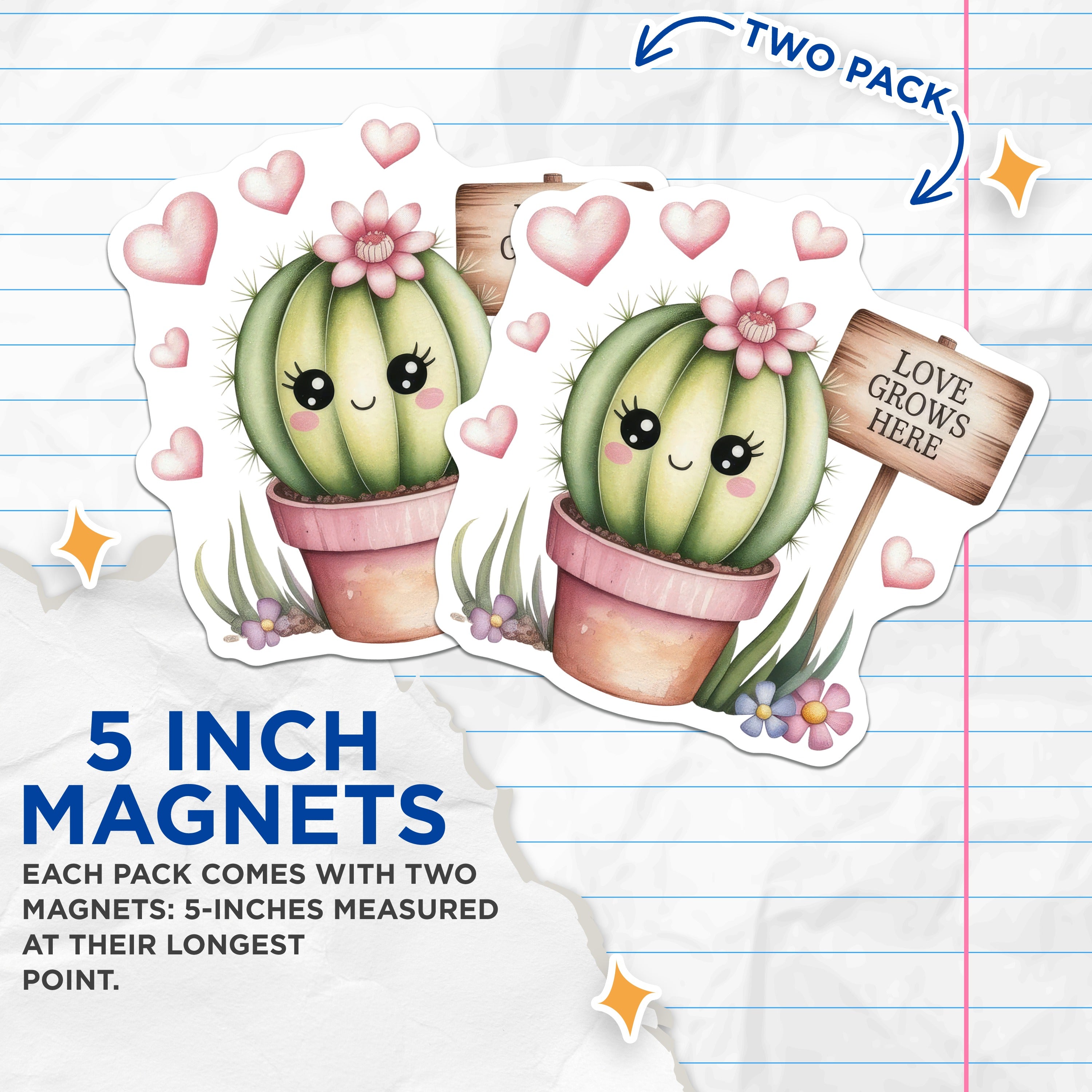 (2 Pack) Love Grows Here Magnets - Kawaii Cactus Decor - Positive Affirmation Plant Lover Aesthetic Fridge Locker Magnet - 5 Inches On Longest Side - Thick Durable Magnet - Made in USA - MAG38765
