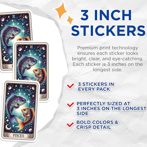 (3 Pack) Pisces Zodiac Decals - Astrology Sign Sticker - Celestial Art Laptop Decals - 3 Inches On Longest Side - Easy Peel & Apply - Made in USA - 3MCS4028