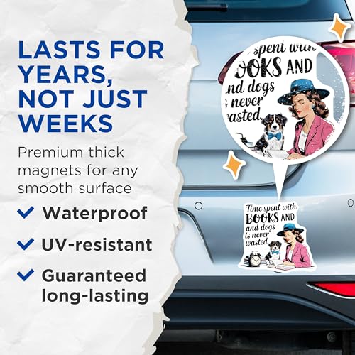 (2 Pack) Time Spent with Books and Dogs Magnets - Funny Dog Lovers - Book Enthusiast Decor - Retro Style Magnets - 5" On Longest Side - for Cars, Fridges, Toolboxes - Made in USA - MAG7143