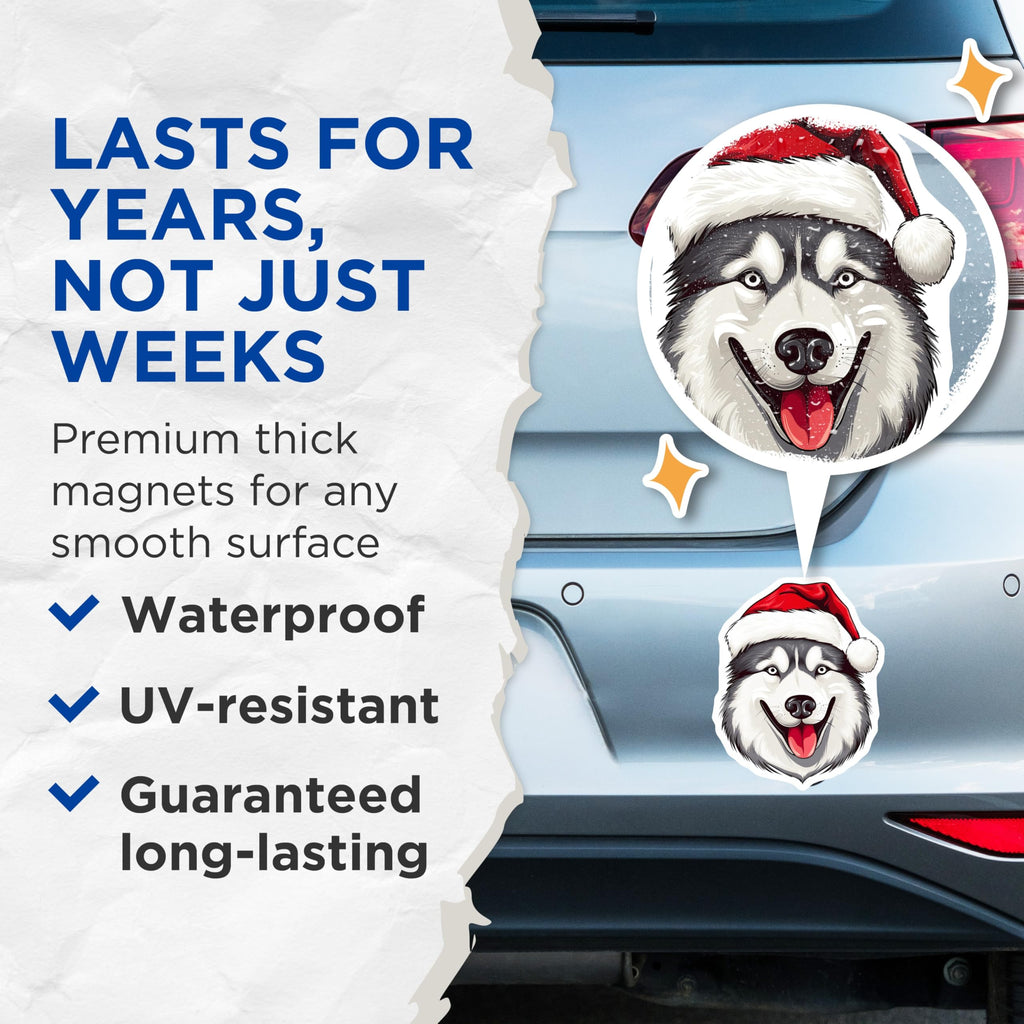 (2 Pack) Husky Dog Magnets - Santa Hat Christmas Pet - Winter Holiday Canine Decor - 5 Inches On Longest Side - Thick Durable Magnet - Made in USA - MAG24721