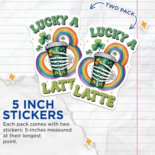 (2 Pack) Lucky A Latte Stickers - Skeleton Hands - Rainbow Clover Design - 5" On Longest Side - Sticks to Smooth Flat Surfaces - Made in USA - BMCS8415