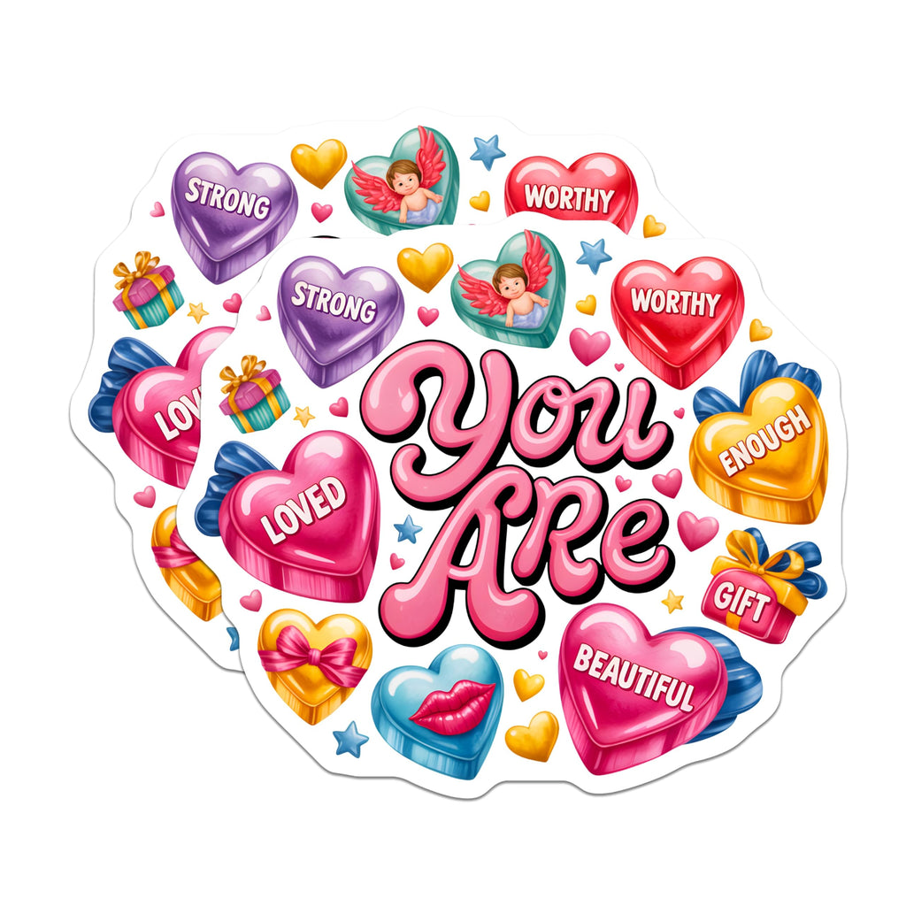 (2 Pack) Inspirational Affirmation Magnets - You are Loved Worthy Strong Enough Beautiful - Positive Candy Heart Art Decor - 5 Inches On Longest Side - Thick Durable Magnet - Made in USA - MAG23630