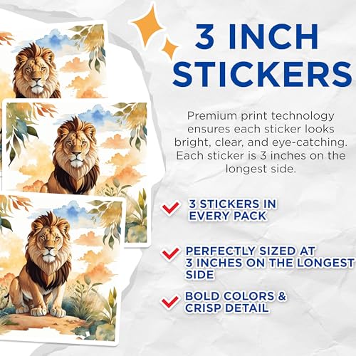 (3 Pack) Lion Decals - Watercolor Lion Art - Animal Decals - 3 Inches On Longest Side - Easy Peel & Apply - Made in USA - 3MCS7457