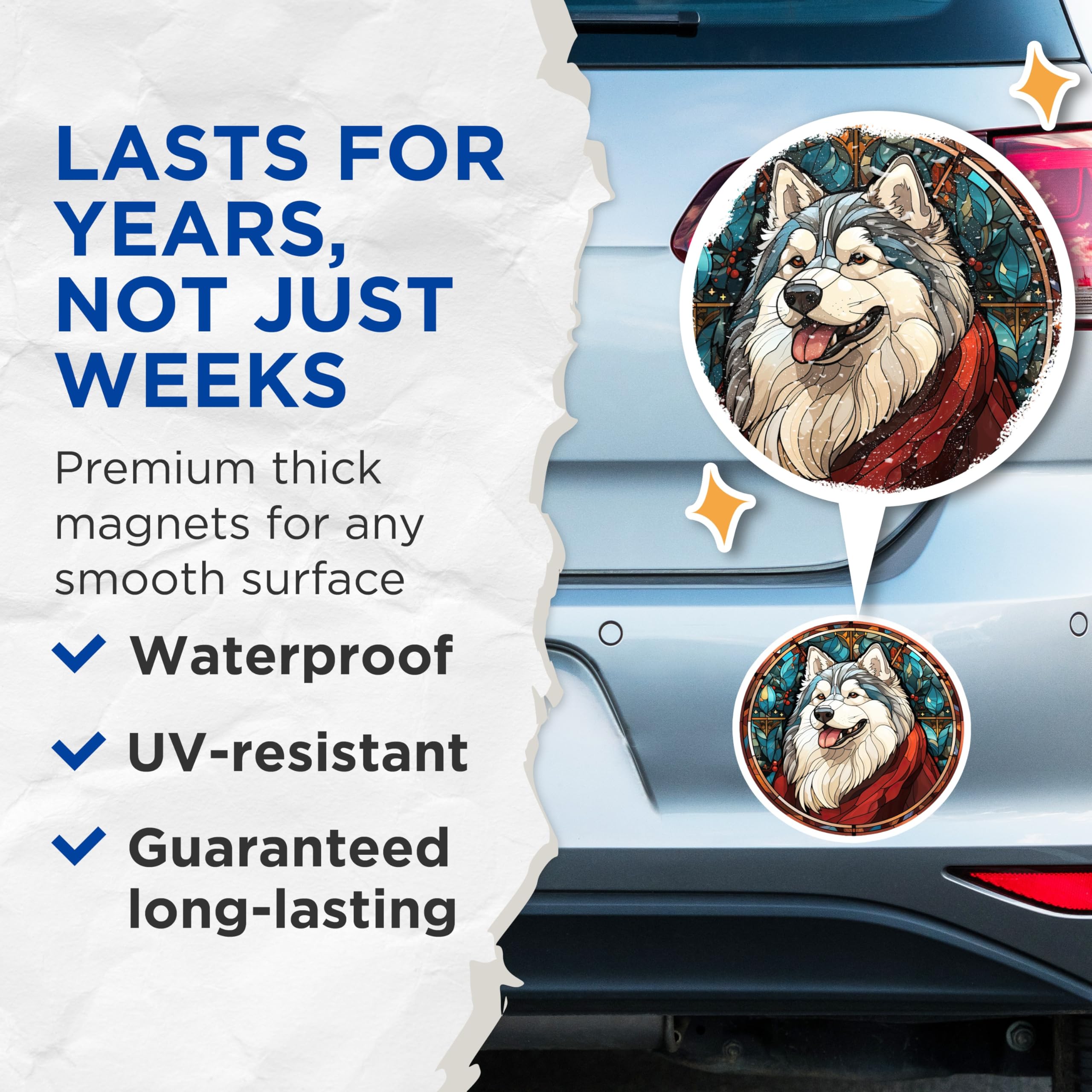 (2 Pack) Stained Glass Husky Magnets - Dog Lover Kitchen Decor - Pet Owner Refrigerator Art - Dog Mom Pet Parent Keepsake - 5 Inches On Longest Side - Thick Durable Magnet - Made in USA - MAG26787