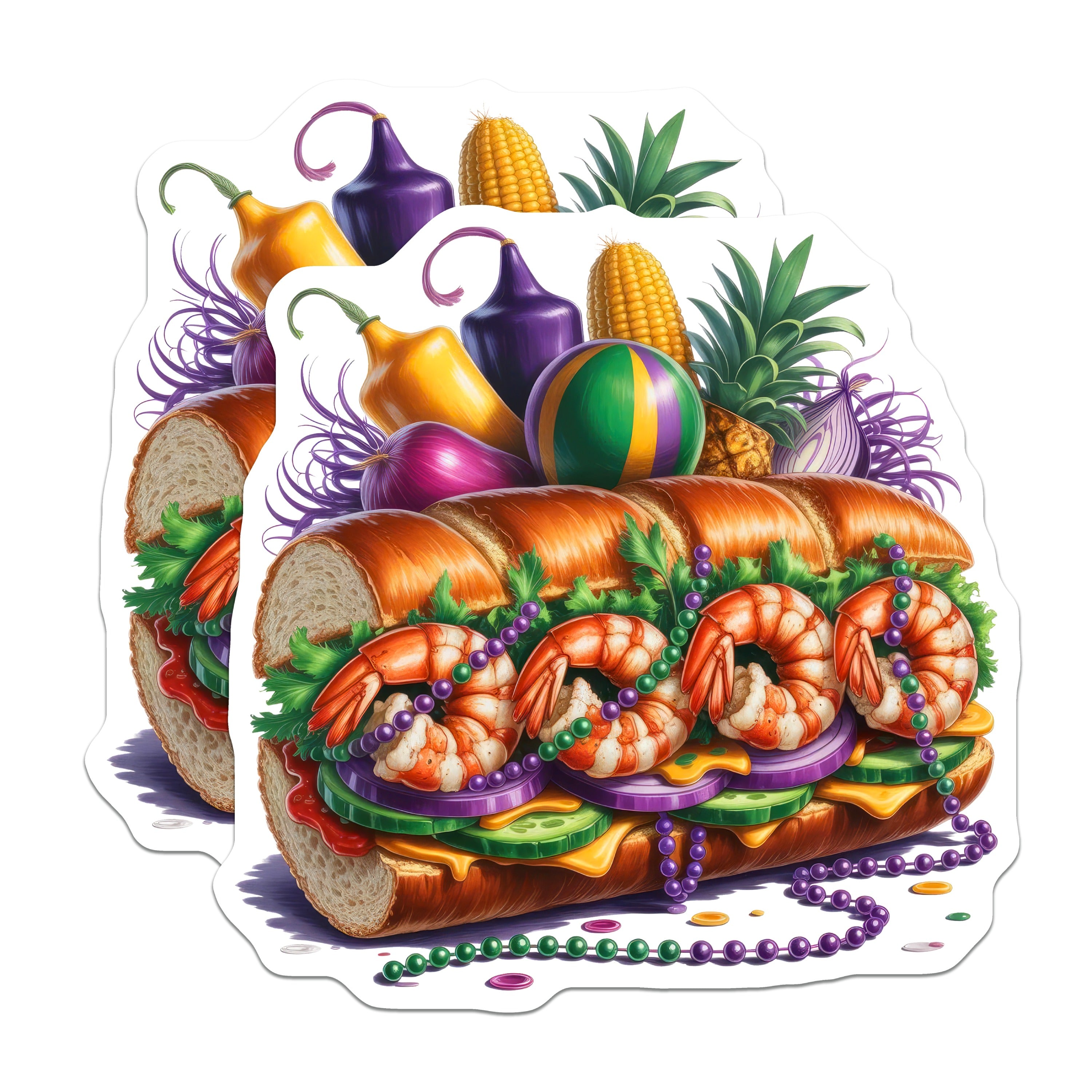 (2 Pack) Mardi Gras Po Boy Magnets - New Orleans Shrimp Sandwich - Louisiana Foodie Souvenir Fridge Decor - 5 Inches On Longest Side - Thick Durable Magnet - Made in USA - MAG38811