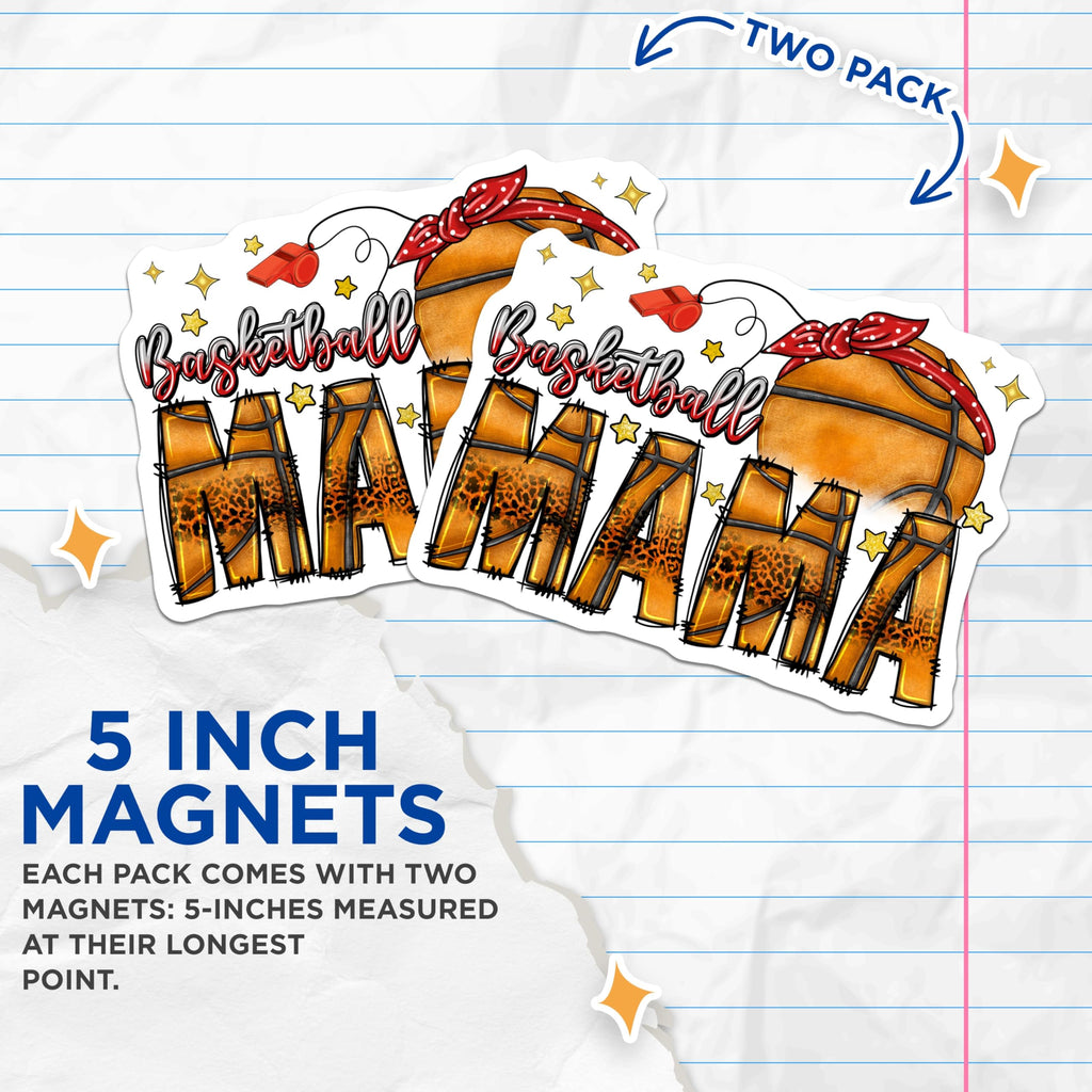 (2 Pack) Basketball Mama Magnets - Trendy Leopard Print Sports Fan - Game Day Team Mom Decor - 5 Inches On Longest Side - Thick Durable Magnet - Made in USA - MAG29924