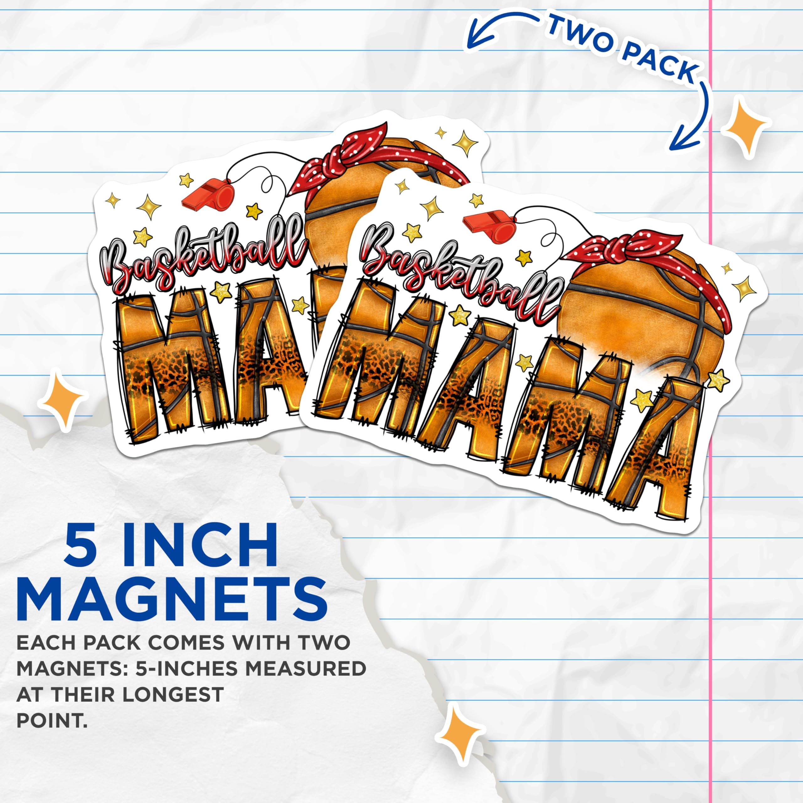 (2 Pack) Basketball Mama Magnets - Trendy Leopard Print Sports Fan - Game Day Team Mom Decor - 5 Inches On Longest Side - Thick Durable Magnet - Made in USA - MAG29924