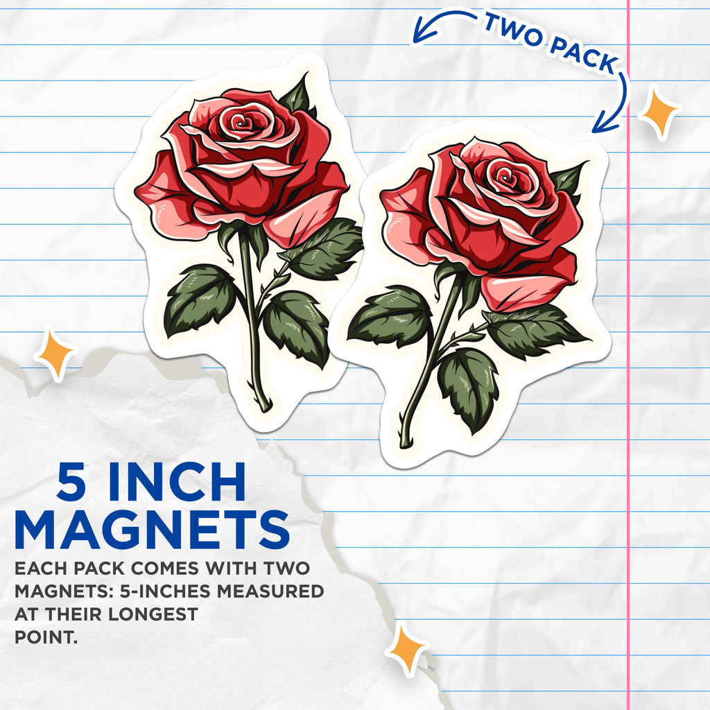(2 Pack) Red Rose Flower Magnets - Traditional Tattoo Design - Romantic Botanical Decor - Aesthetic Refrigerator Art - 5 Inches On Longest Side - Thick Durable Magnet - Made in USA - MAG36481
