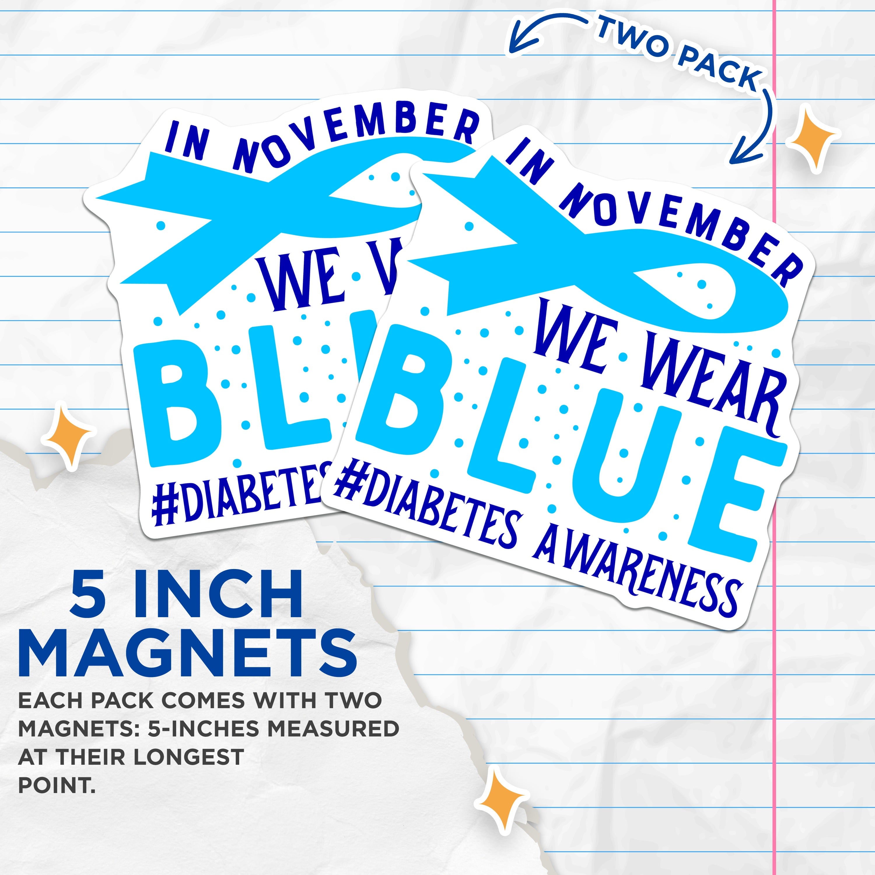 (2 Pack) Diabetes Awareness Magnets - Blue Ribbon Support - November Health Cause Magnets - 5 Inches On Longest Side - Thick Durable Magnet - Made in USA - MAG37644