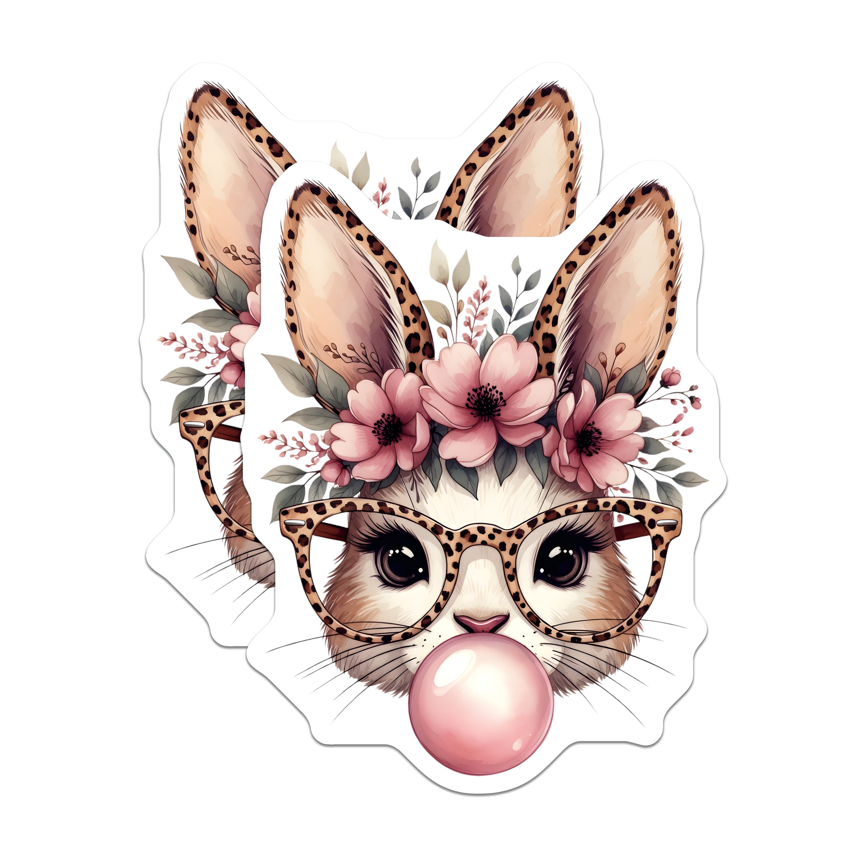 (2 Pack) Cute Bunny Bubblegum Magnets - Animal Lover Fridge Decor - Leopard Print Boho Chic Art - Whimsical Aesthetic Fun - 5 Inches On Longest Side - Thick Durable Magnet - Made in USA - MAG37431