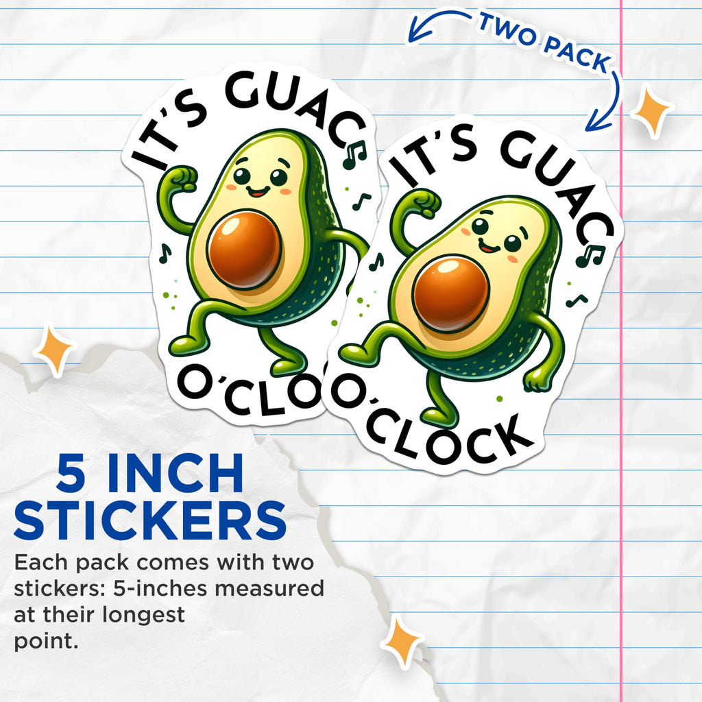 (2 Pack) Guac O'Clock Stickers - Avocado Sticker - 5" On Longest Side - Sticks to Smooth Flat Surfaces - Made in USA - BMCS8794 - BMCS8794