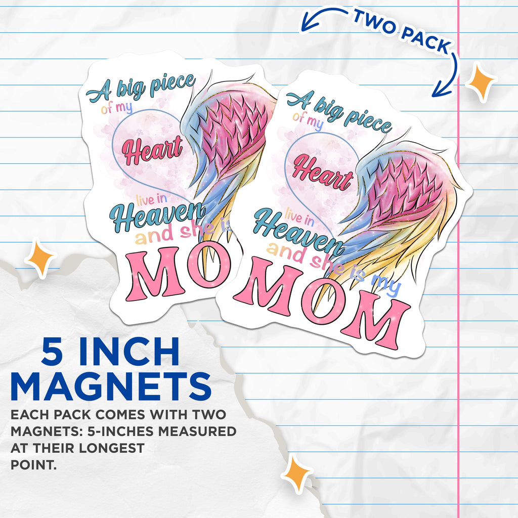(2 Pack) Memorial Mom Magnets - Angel Mother Remembrance - Heart in Heaven Magnets for Loss - 5 Inches On Longest Side - Thick Durable Magnet - Made in USA - MAG39856