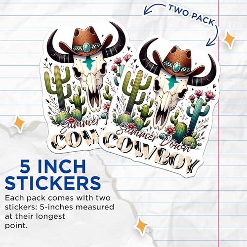 (2 Pack) Summer Down Cowboy Stickers - Western Skull Stickers - Cactus Cowboy Art Stickers - 5" On Longest Side - Sticks to Any Smooth Flat Surface - Made in USA - BMCS3145