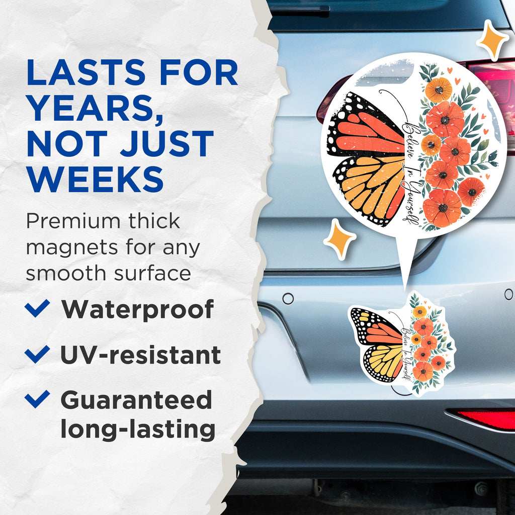 (2 Pack) Believe in Yourself Magnets - Inspirational Butterfly Floral Fridge Decor - Positive Affirmation Locker Magnet - 5 Inches On Longest Side - Thick Durable Magnet - Made in USA - MAG37231
