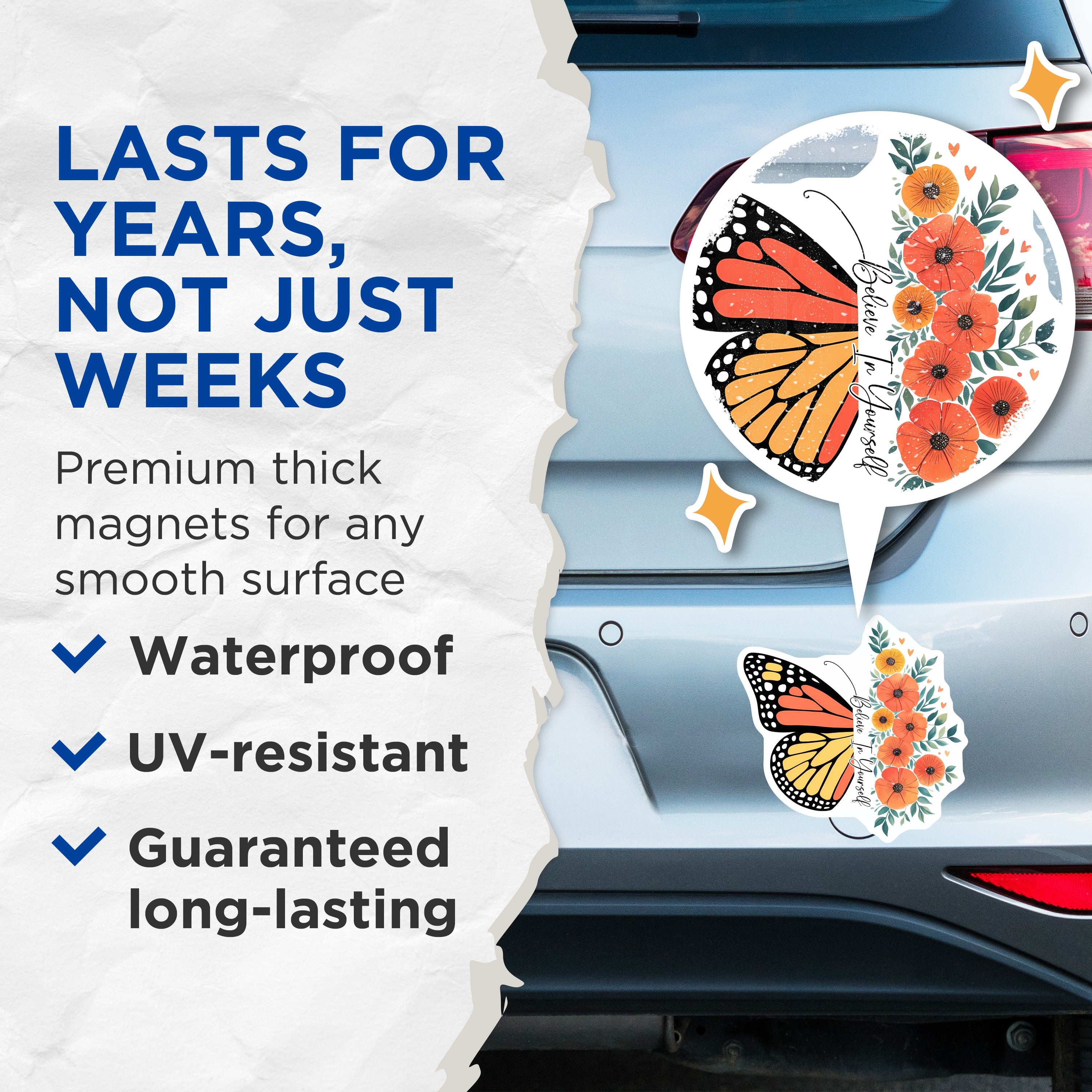 (2 Pack) Believe in Yourself Magnets - Inspirational Butterfly Floral Fridge Decor - Positive Affirmation Locker Magnet - 5 Inches On Longest Side - Thick Durable Magnet - Made in USA - MAG37231