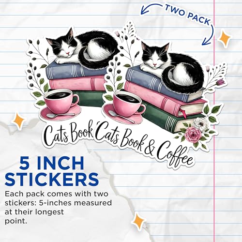 (2 Pack) Cats Book and Coffee Stickers - Cute Cat Lover - Book Lover - Coffee Aficionado - 5" On Longest Side - Sticks to Any Smooth Flat Surface - Made in USA - BMCS2749