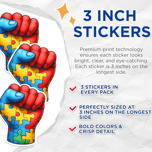 (3 Pack) Autism Awareness Decals - Puzzle Piece Fist - Advocate Decals - 3 Inches On Longest Side - Easy Peel & Apply - Made in USA - 3MCS1009