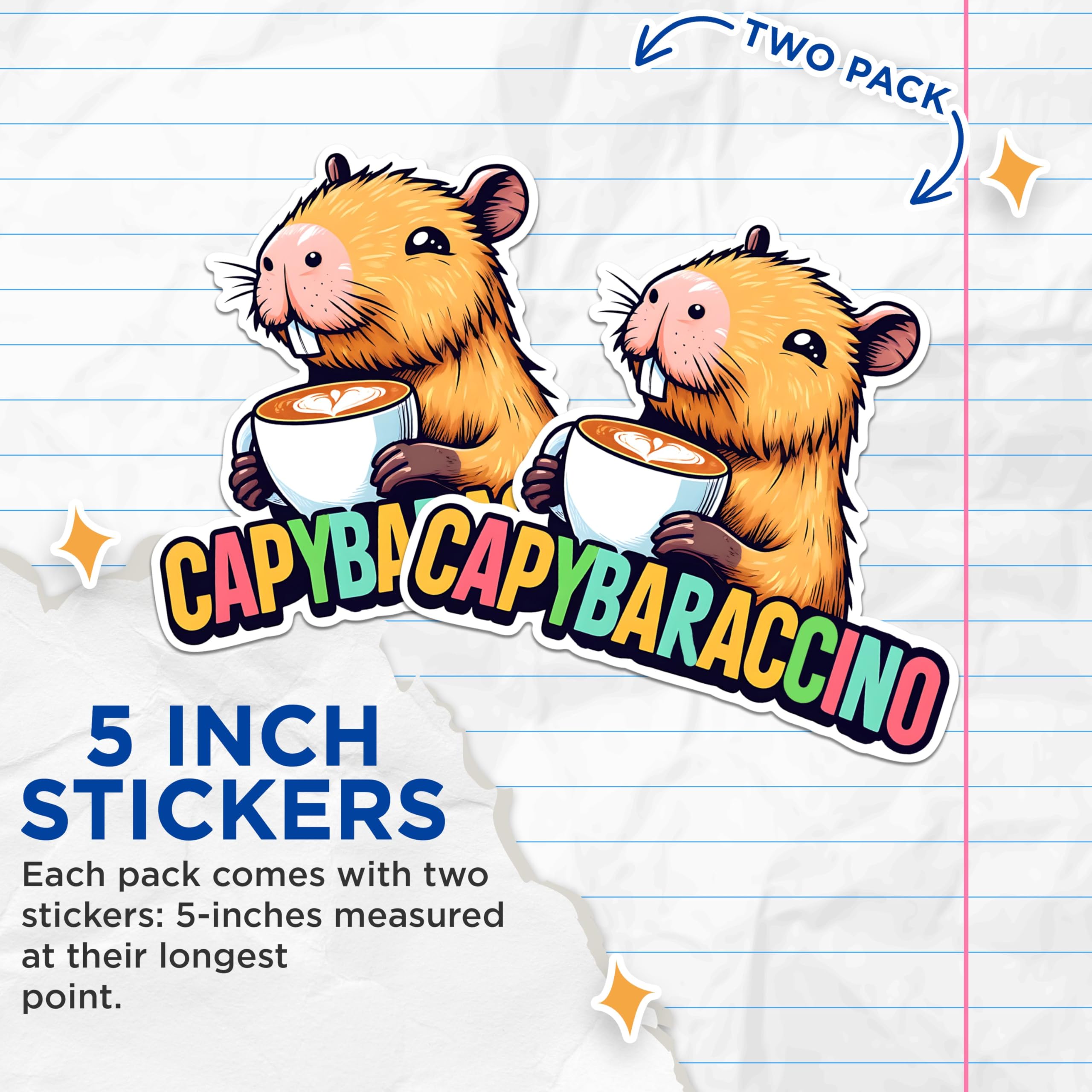 (2 Pack) Capybara Animal Stickers - Cute Capybara Coffee Stickers - Fun Animal Lovers Stickers - 5" On Longest Side - Sticks to Any Smooth Flat Surface - Made in USA - BMCS2665