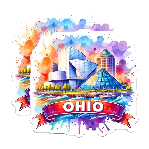 (2 Pack) Ohio Cityscape Stickers - Colorful Ohio Landmark - Watercolor City Art - Travel Souvenir Stickers - 5" On Longest Side - Sticks to Smooth Flat Surfaces - Made in USA - BMCS6488