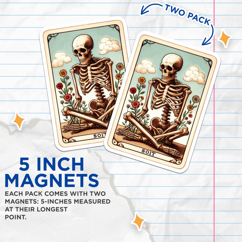 (2 Pack) Meditating Skeleton Magnets - Soit Art Illustration - Floral Memento Mori - Whimsical Tarot Style Decor - 5 Inches On Longest Side - Thick Durable Magnet - Made in USA - MAG21541