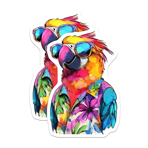 (2 Pack) Tropical Parrot Cool Sunglasses Stickers - Hawaiian Shirt Bird Art - Colorful Parrot Illustration - 5" On Longest Side - Sticks to Smooth Flat Surfaces - Made in USA - BMCS9511