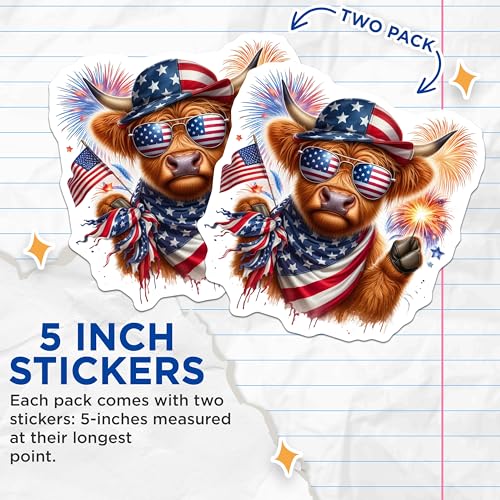 (2 Pack) Patriotic Cow Stickers - American Flag - 4th of July Celebration - Animal Lover - 5" On Longest Side - Sticks to Smooth Flat Surfaces - Made in USA - BMCS6339