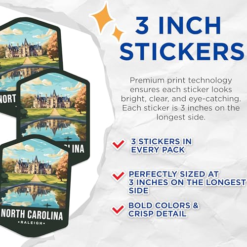 (3 Pack) North Carolina Decals - Raleigh Landmark - State Travel Souvenir - 3 Inches On Longest Side - Easy Peel & Apply - Made in USA - 3MCS0374