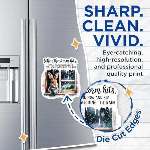 (2 Pack) Bunny with Tea Magnets Magnets - Motivational Quote - Window Rain Scene - 5" On Longest Side - Made in USA - Sticks to Refrigerators & Metal Surfaces - MAG8753