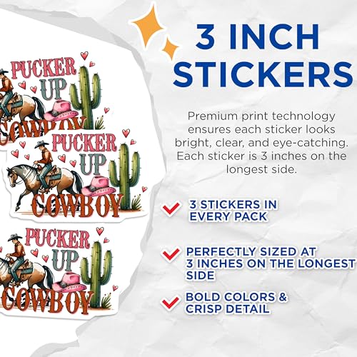 (3 Pack) Pucker Up Cowboy Decals - Western Decal - Laptop Decal - 3 Inches On Longest Side - Easy Peel & Apply - Made in USA - 3MCS1931
