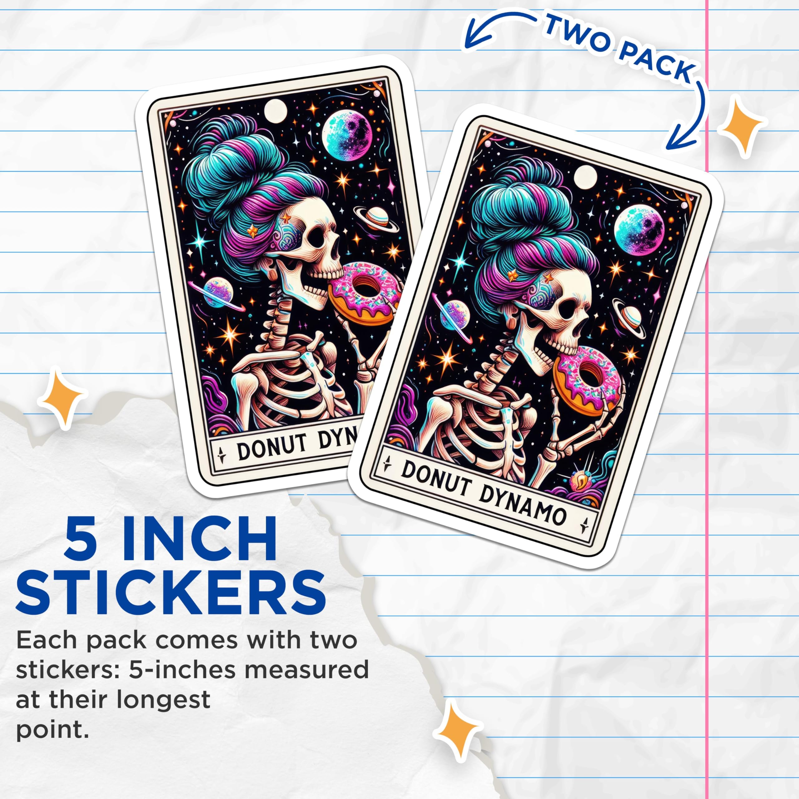 (2 Pack) Donut Dynamo Stickers - Cosmic Skeleton Stickers - Outer Space Skull Donut Design - 5" On Longest Side - Sticks to Smooth Flat Surfaces - Made in USA - BMCS4842