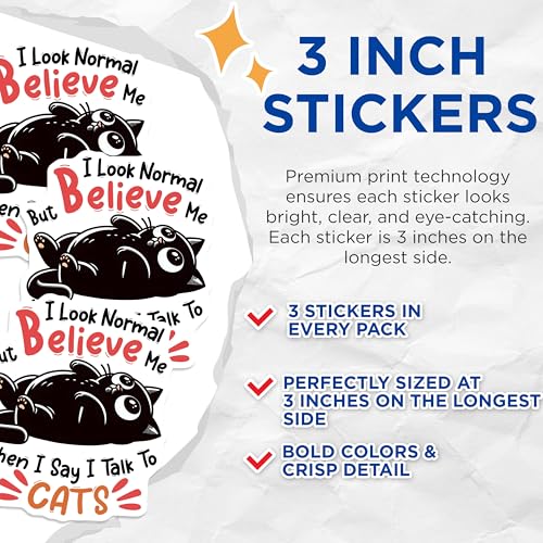(3 Pack) Funny Cat Decals - Talking Cat Stickers - Laptop Decal - 3 Inches On Longest Side - Easy Peel & Apply - Made in USA - 3MCS6138