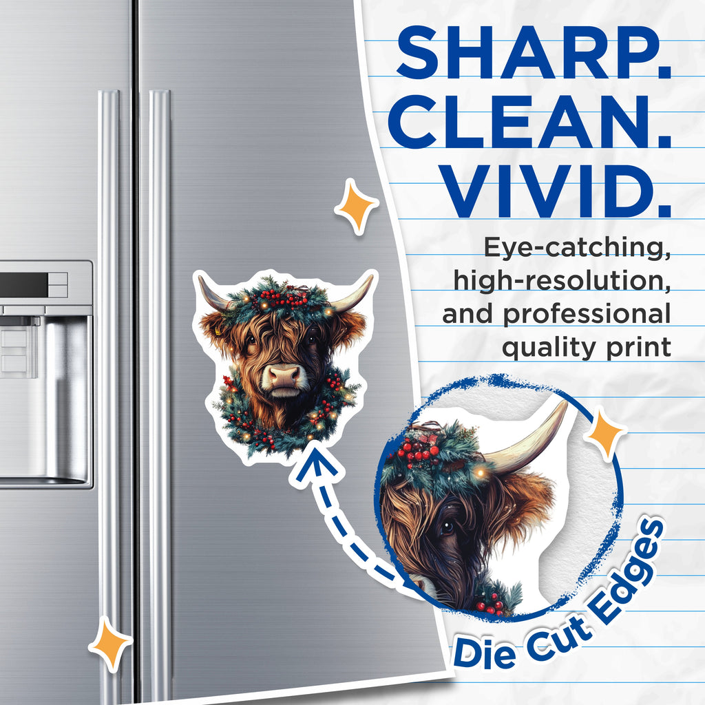 (2 Pack) Highland Cow Christmas Wreath Magnets - Festive Farm Animal Refrigerator Decor - Winter Holiday Accent - 5 Inches On Longest Side - Thick Durable Magnet - Made in USA - MAG39528