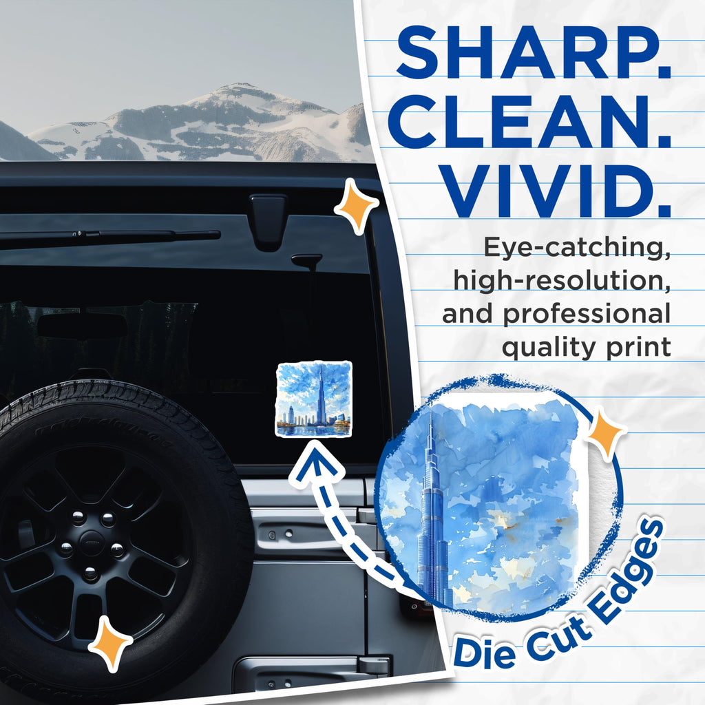 (2 Pack) Dubai Skyline Stickers - Watercolor Cityscape Stickers - Travel Destination Stickers - 5" On Longest Side - Sticks to Smooth Flat Surfaces - Made in USA - BMCS5184
