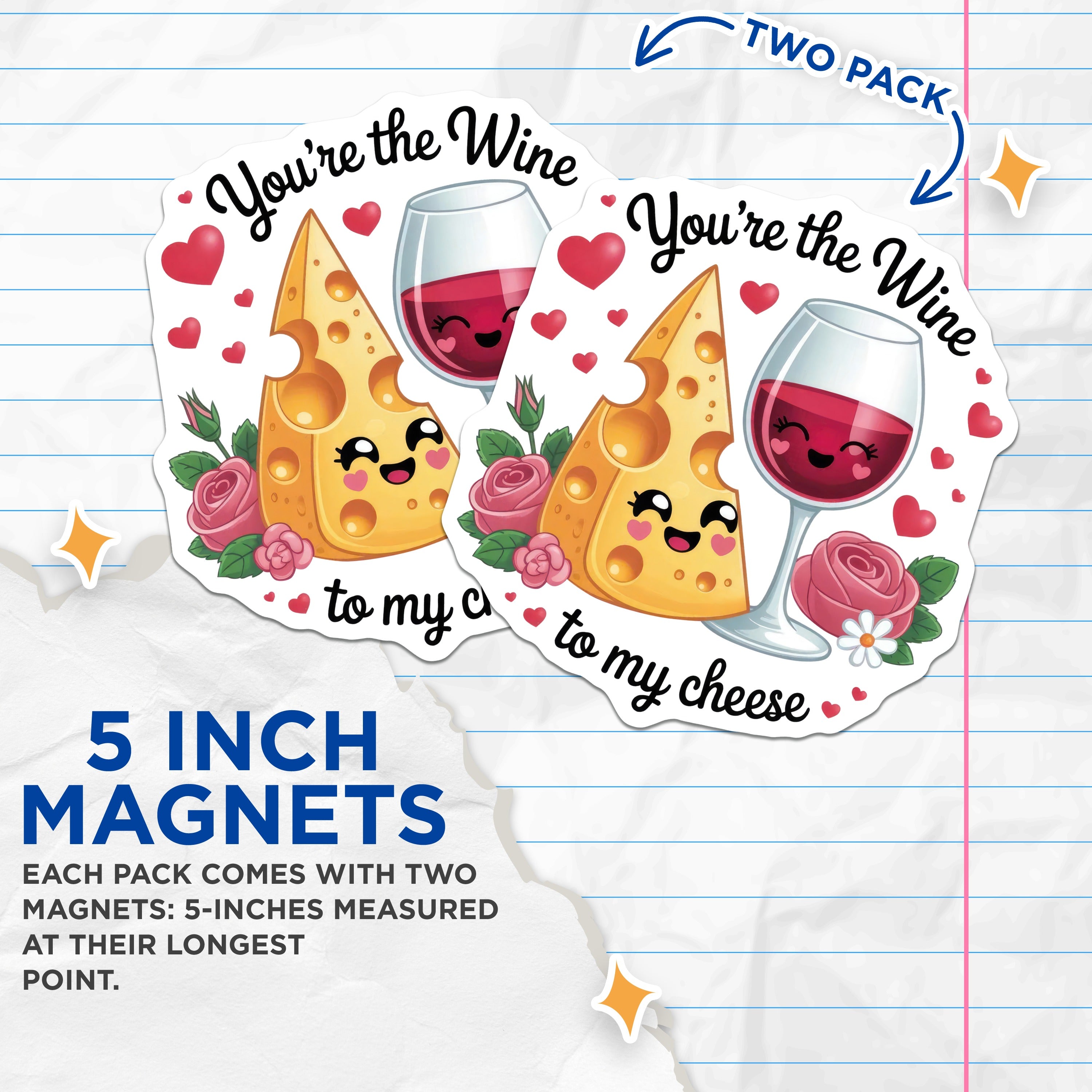 (2 Pack) Youre The Wine to My Cheese Magnets - Cute Couple Refrigerator Decor - Romantic Kitchen Housewarming - 5 Inches On Longest Side - Thick Durable Magnet - Made in USA - MAG39918